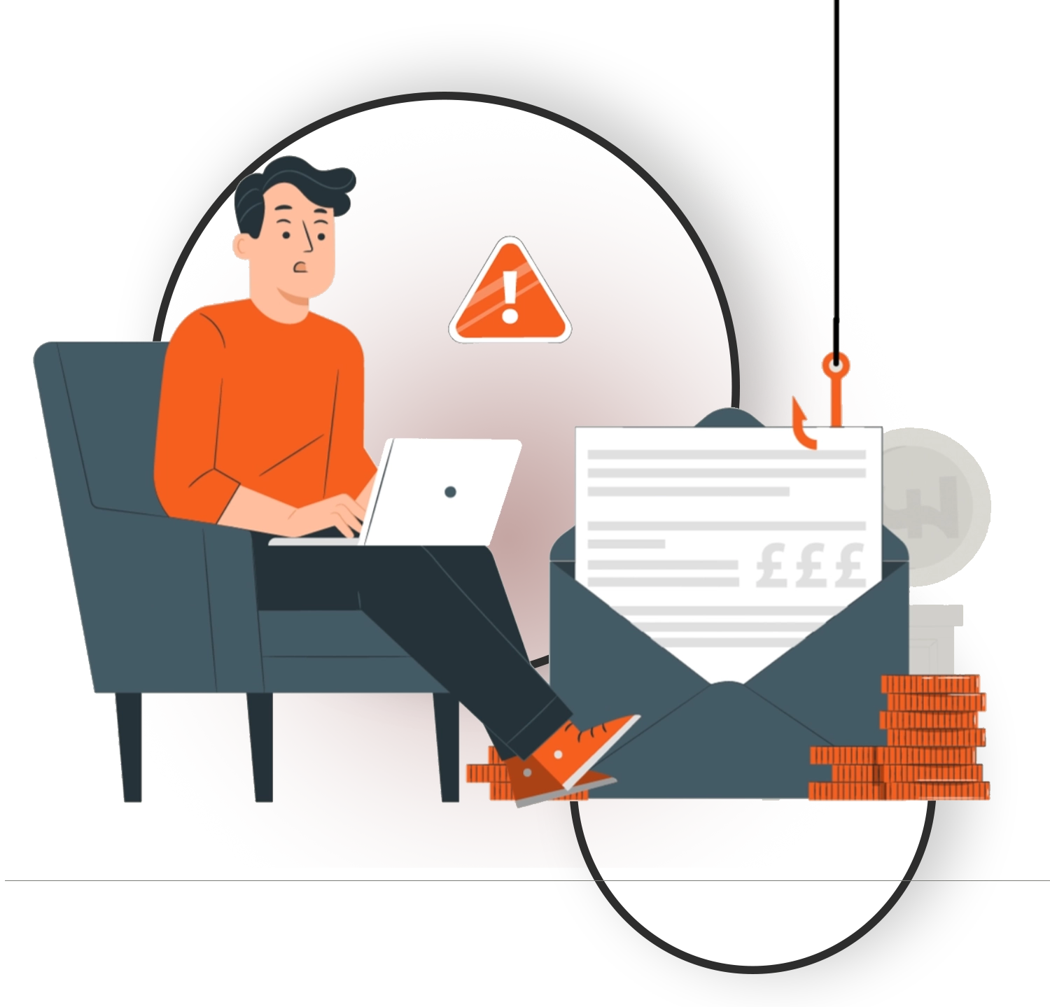 Illustration of a person using a laptop as a phishing hook pulls a suspicious email from an envelope, with a warning icon in the background.