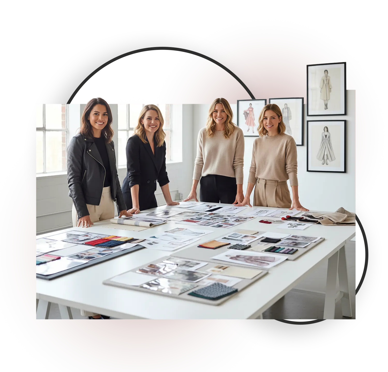4 female colleagues working on materials around a desk